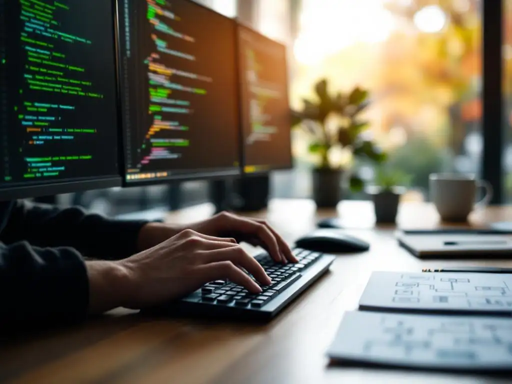 Softwareontwikkelaar typt op mechanisch toetsenbord, meerdere monitoren tonen code met groene vinkjes en testresultaten