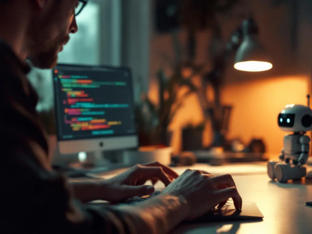 Softwareontwikkelaar programmeert aan laptop met kleurrijke code, robot speelgoed symboliseert automatisering, warme bureaulamp