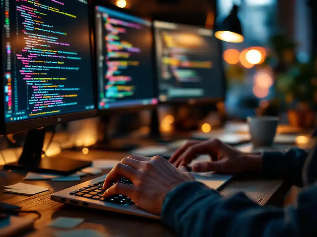 Softwareontwikkelaar typt code op laptop met meerdere monitors die geautomatiseerde testscripts tonen op modern bureau