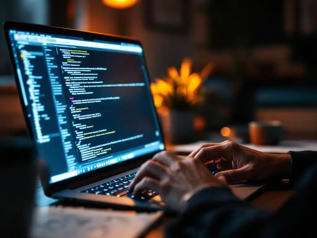 Softwareontwikkelaar typt code op laptop met meerdere terminalvensters, programmeerboeken en koffie op bureau