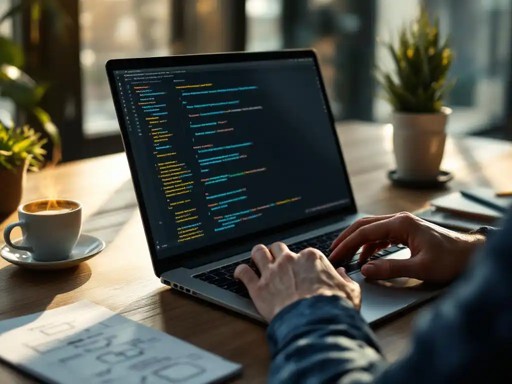 Softwareontwikkelaar typt code op laptop met koffie en notities op houten bureau in warm zonlicht