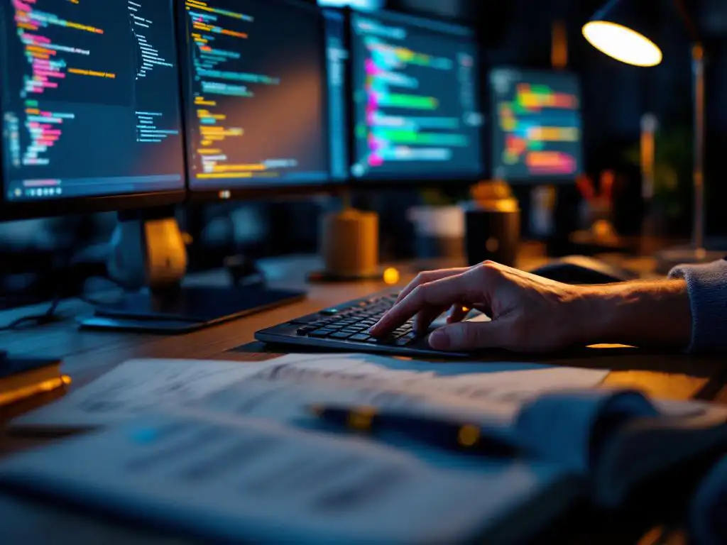 Softwareontwikkelaar typt code op laptop met meerdere monitoren die kleurrijke code en testresultaten tonen