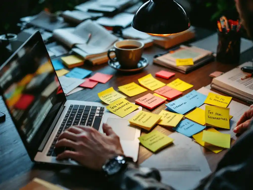 Softwareontwikkelaar typt code op laptop met kleurrijke notities en koffie op bureau onder warme bureaulamp