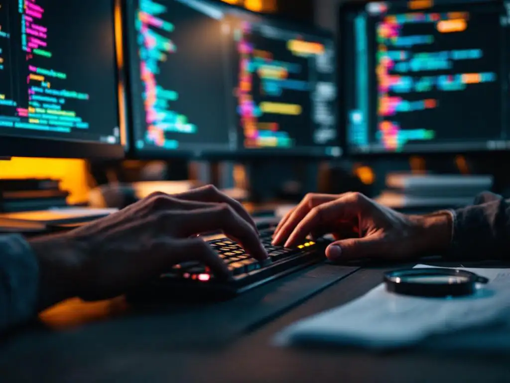 Softwareontwikkelaar typt op zwart toetsenbord met kleurrijke code op meerdere monitoren en documentatie op bureau