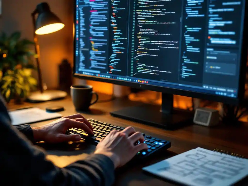 Softwareontwikkelaar typt code op mechanisch toetsenbord, monitor toont architectuurdiagrammen, koffie en notities op bureau