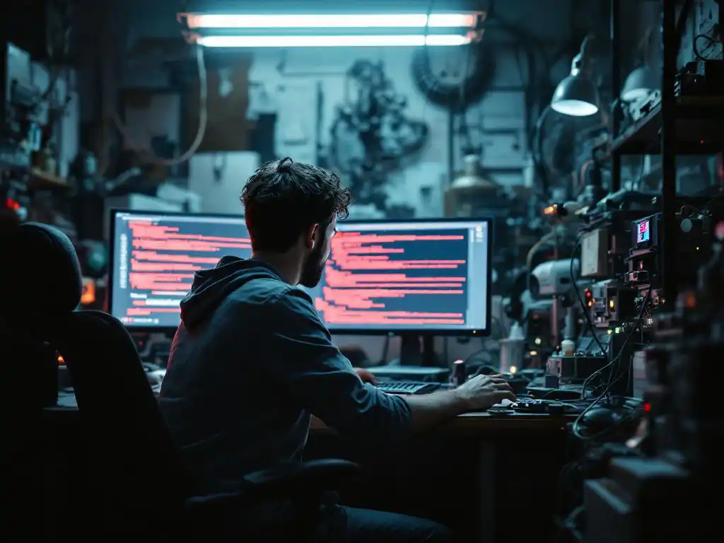 Gestresste softwareontwikkelaar kijkt naar computerscherm met rode foutmeldingen op rommelig bureau met kapotte apparatuur