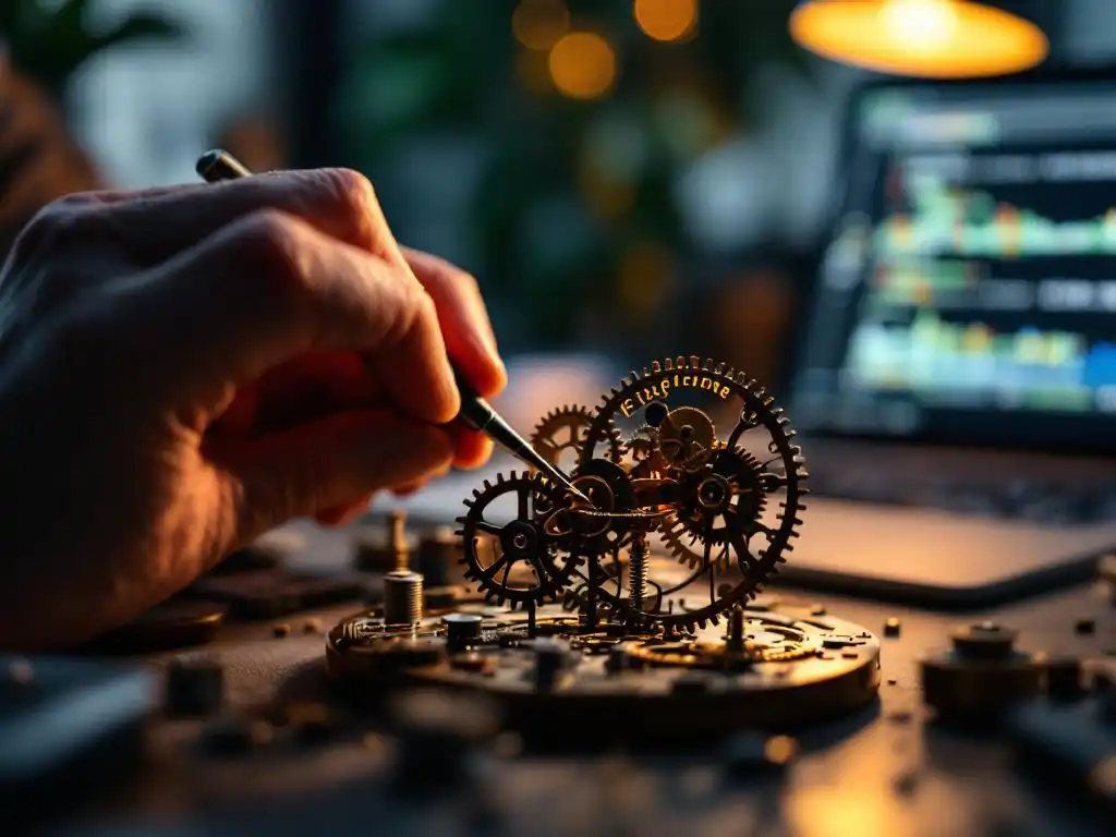 Softwareontwikkelaar past tandwielen aan in mechanisch uurwerk met code-symbolen, laptop met testresultaten op achtergrond