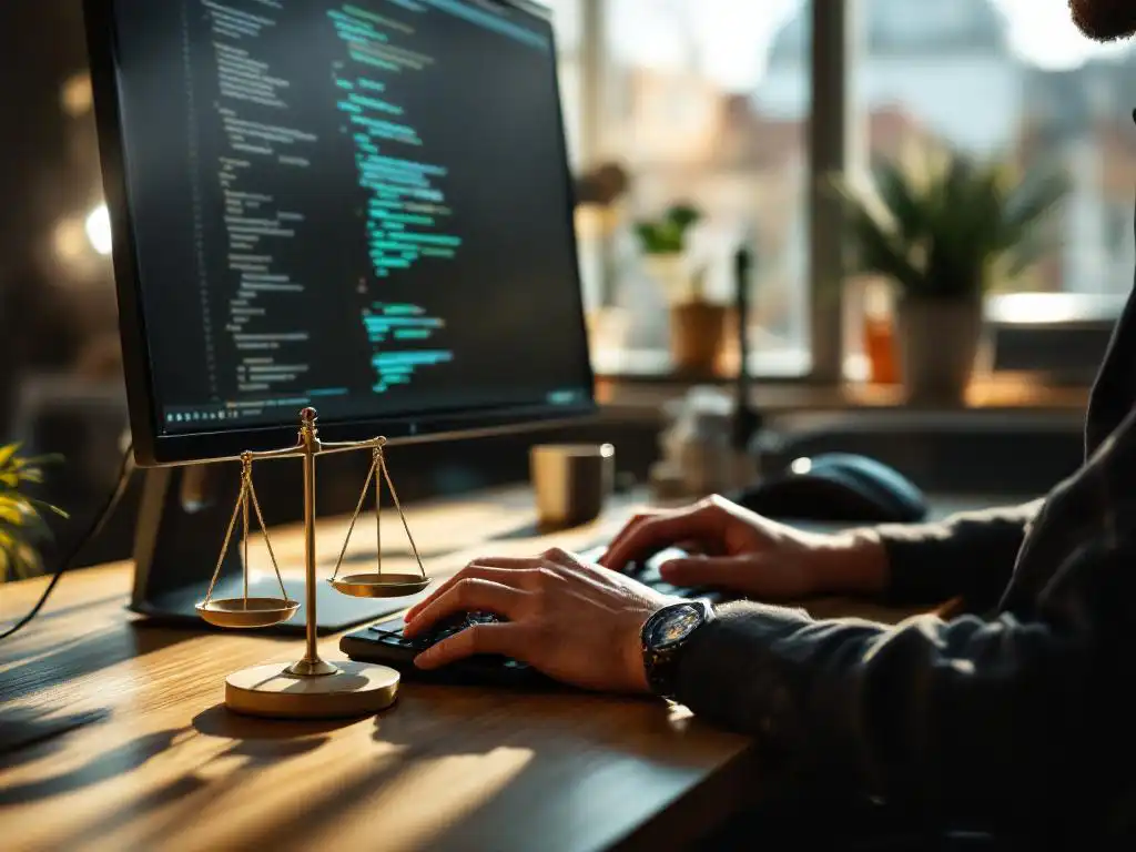 Softwareontwikkelaar aan bureau met weegschaal, code op monitor, natuurlijk licht door raam