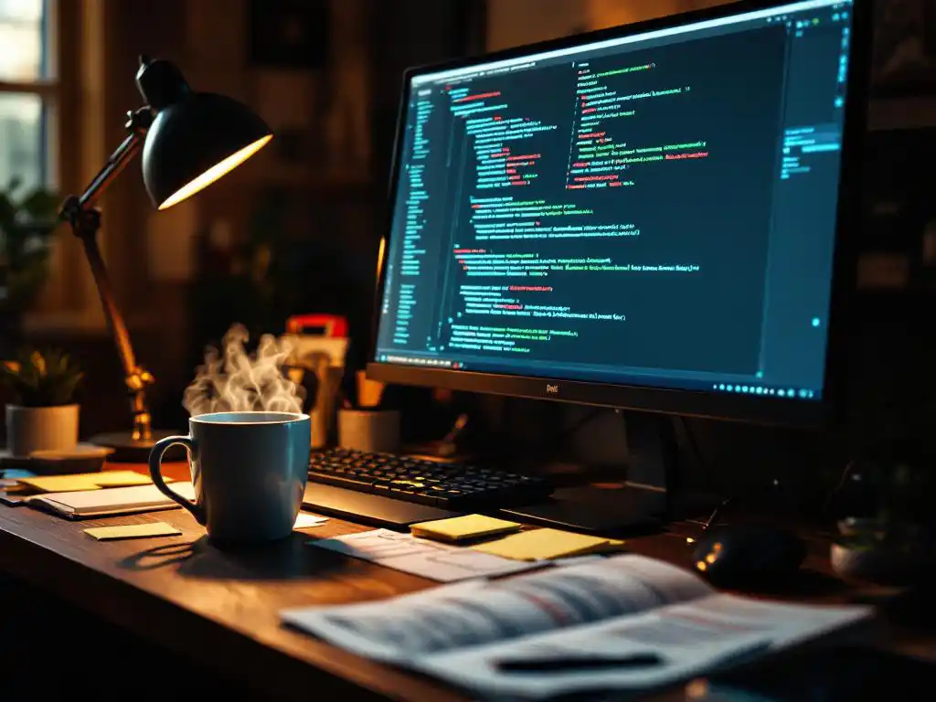 Ontwikkelaar werkplek met computermonitor met code, onstabiele testresultaten in rood en groen, koffie en notities