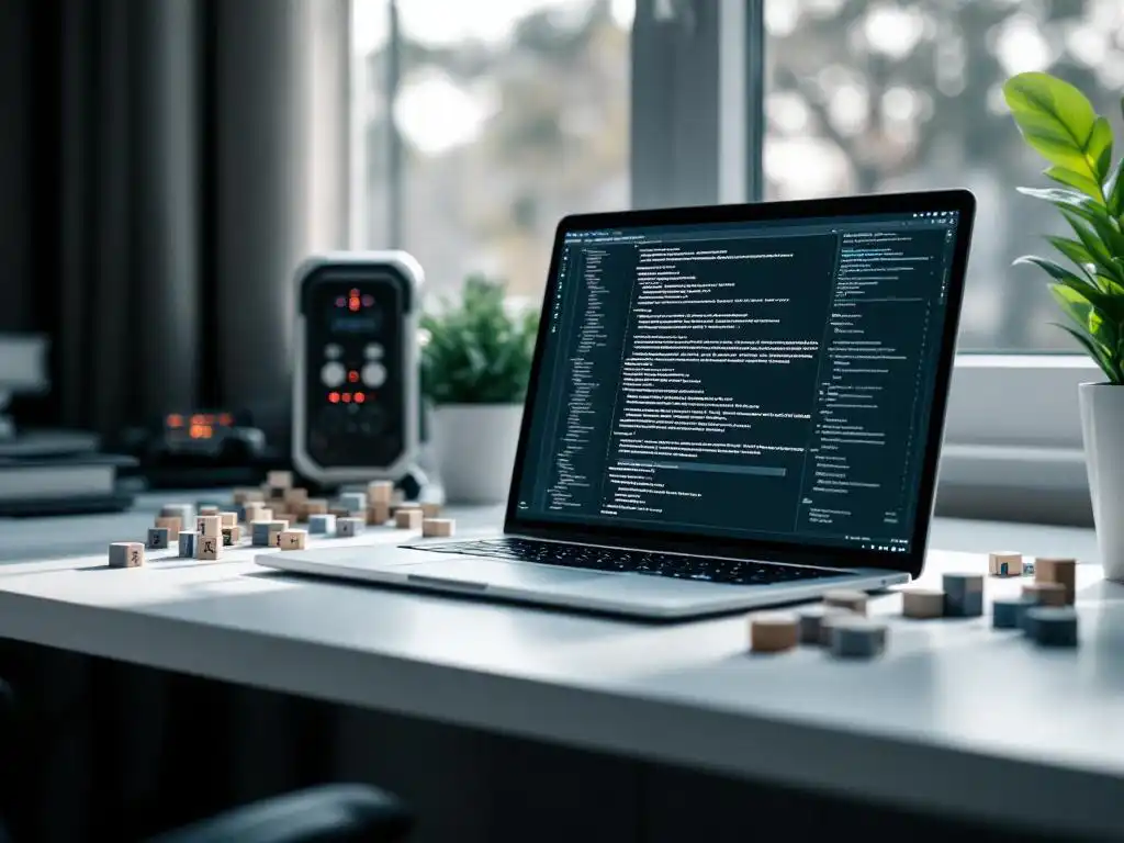 Laptop met code-architectuur op scherm omringd door microservices-blokjes op ontwikkelaar werkplek met testapparatuur