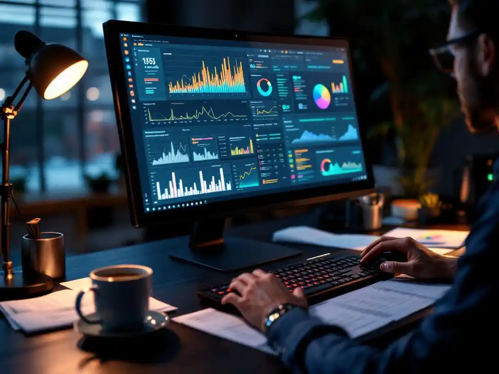 Softwareontwikkelaar werkt aan testautomatisering dashboards op grote monitor met grafieken, toetsenbord en koffie op bureau