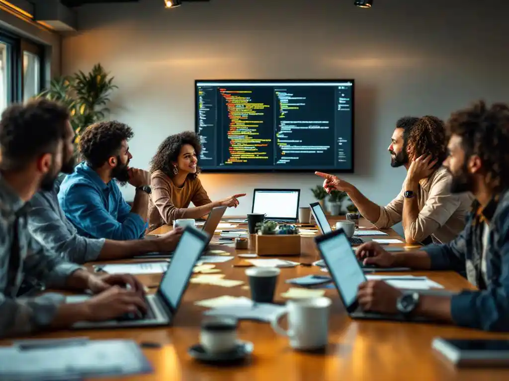 Divers softwareontwikkelingsteam werkt samen rond tafel met laptops, code en testresultaten op groot scherm