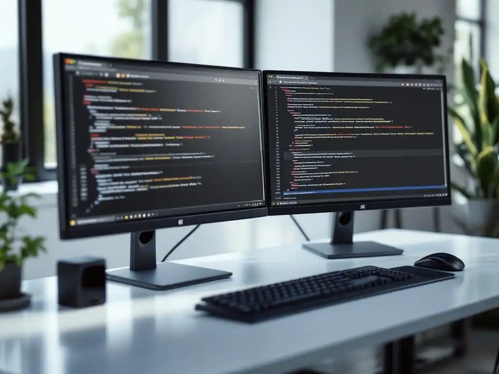 Moderne computeropstelling met twee monitoren die softwaretests tonen op witte bureau met mechanisch toetsenbord