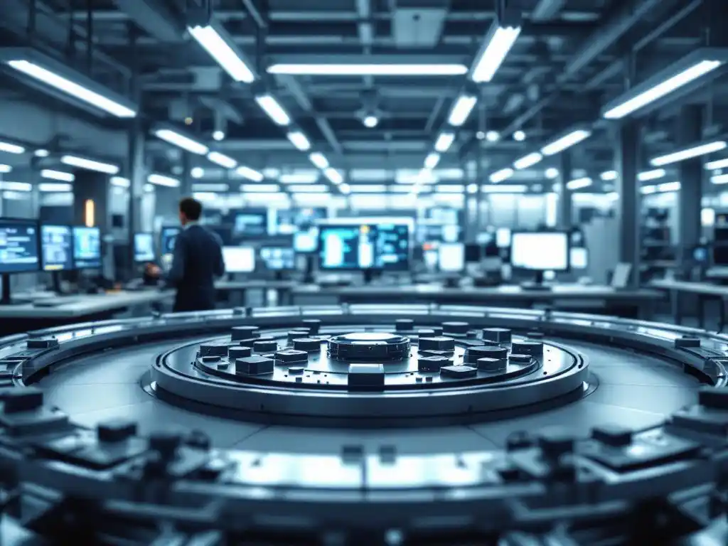 Moderne softwaretestlaboratorium met geautomatiseerd transportbandsysteem en ingenieur die real-time code-analyse monitort