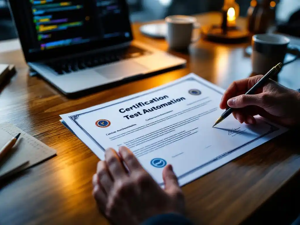 Professioneel test automation certificaat op houten bureau met laptop, koffie en studiemateriaal in warme verlichting