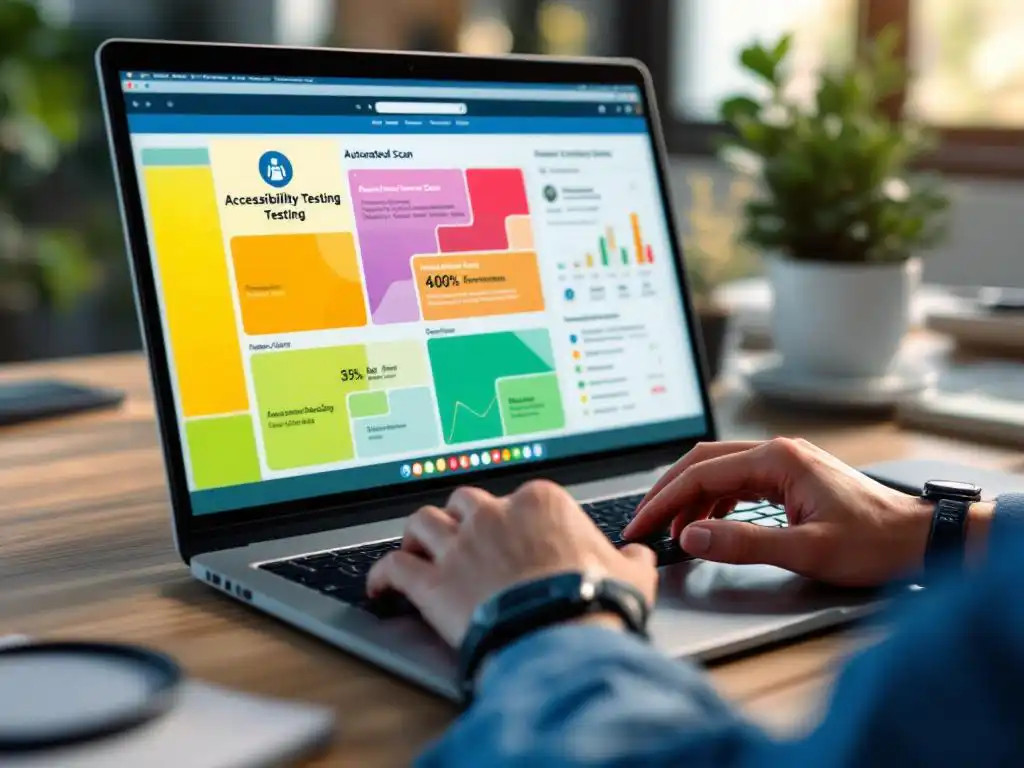 Laptop toont kleurrijke toegankelijkheidstestinterface terwijl handen met assistieve polsbandjes typen op toetsenbord