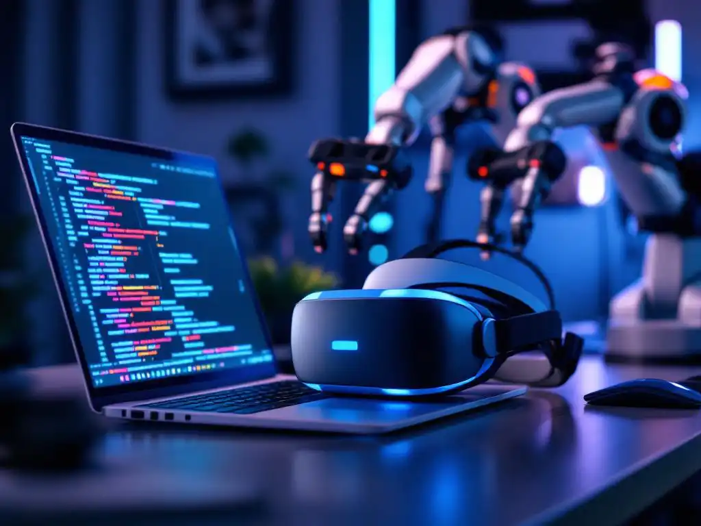 VR-headset op modern bureau naast laptop met testcode, robotarmen bedienen controllers in tech werkruimte