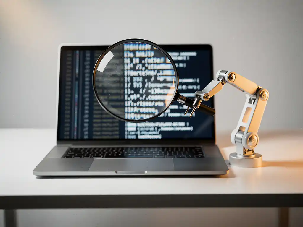 Vergrootglas over laptopscherm met code, klein robotarmmodel op wit bureau, symboliseert AI-gestuurde code-inspectie.