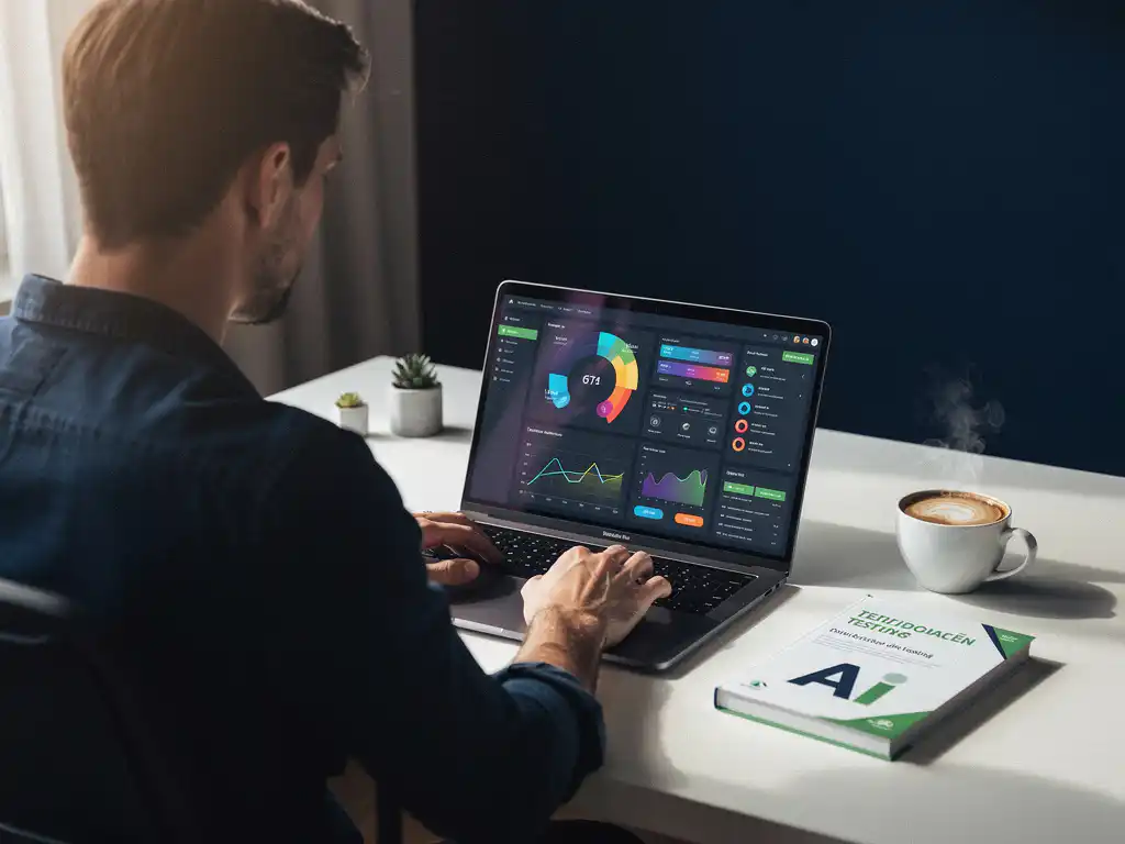 Softwaretester aan modern bureau met laptop met testautomatisering-dashboard, certificeringsboekje en dampende koffie in natuurlijk licht.
