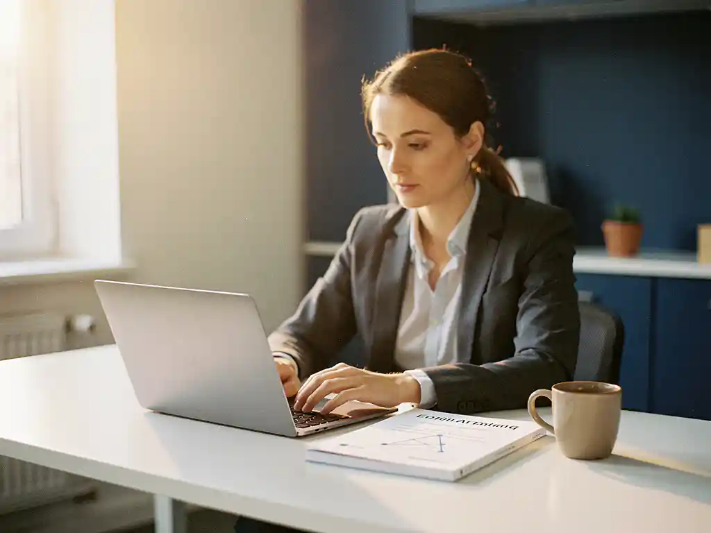 Professional die AI-testcursusmateriaal bestudeert op laptop aan modern Nederlands bureau, met certificeringsboekje en koffie.