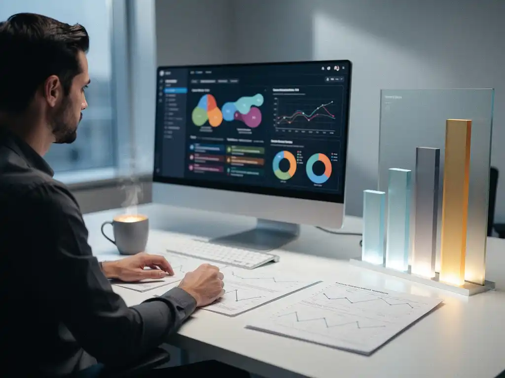 Software-engineer analyseert AI-testresultaten op monitor, omringd door kwaliteitsrapporten en koffie op modern wit bureau.