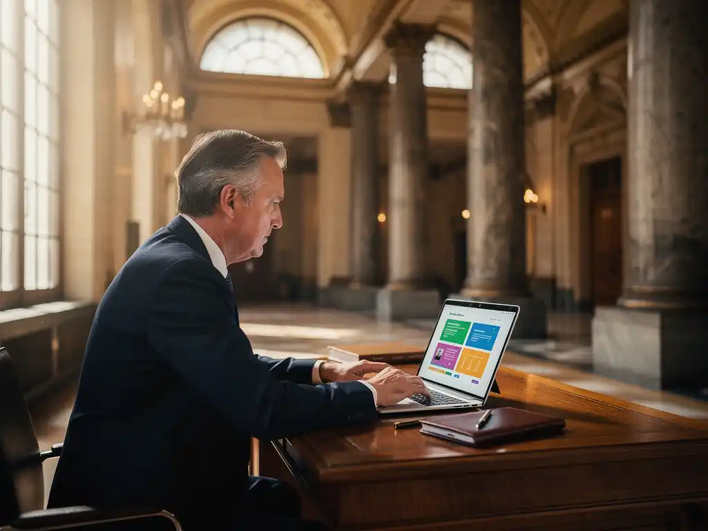 Regeringsfunctionaris in formeel pak bekijkt testdashboards op laptop aan eikenhouten bureau in statig Nederlands overheidsgebouw.