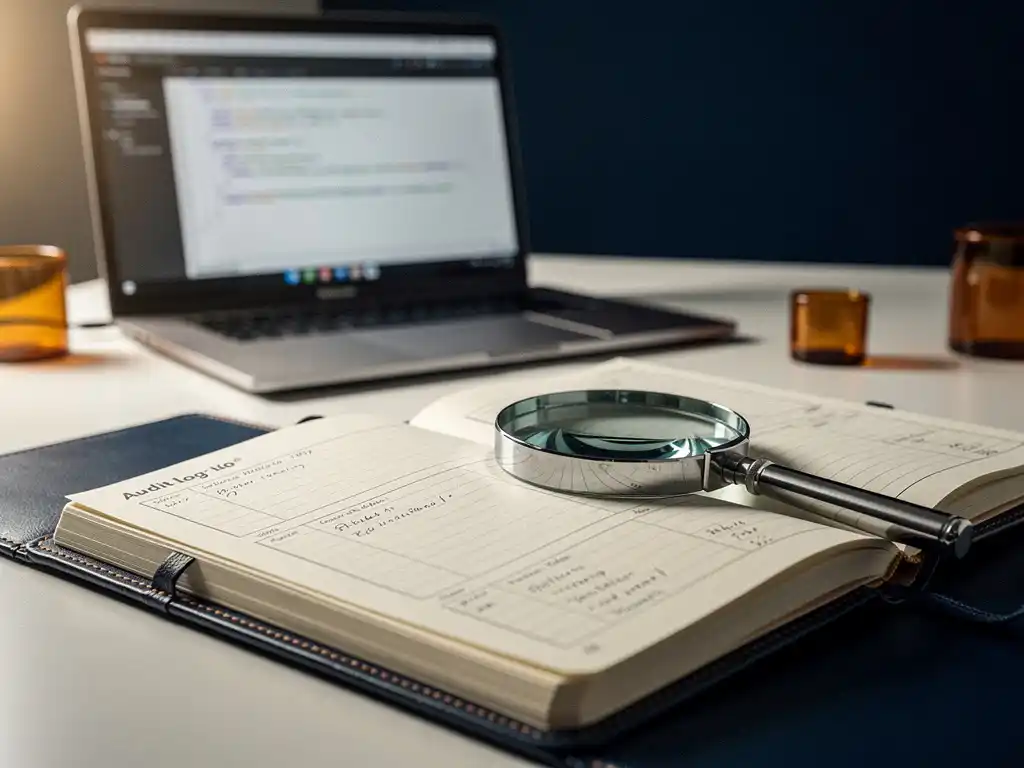 Opengeslagen leren auditlogboek op modern bureau met vergrootglas, laptop met testscripts op achtergrond, zachte zijdelingse belichting.