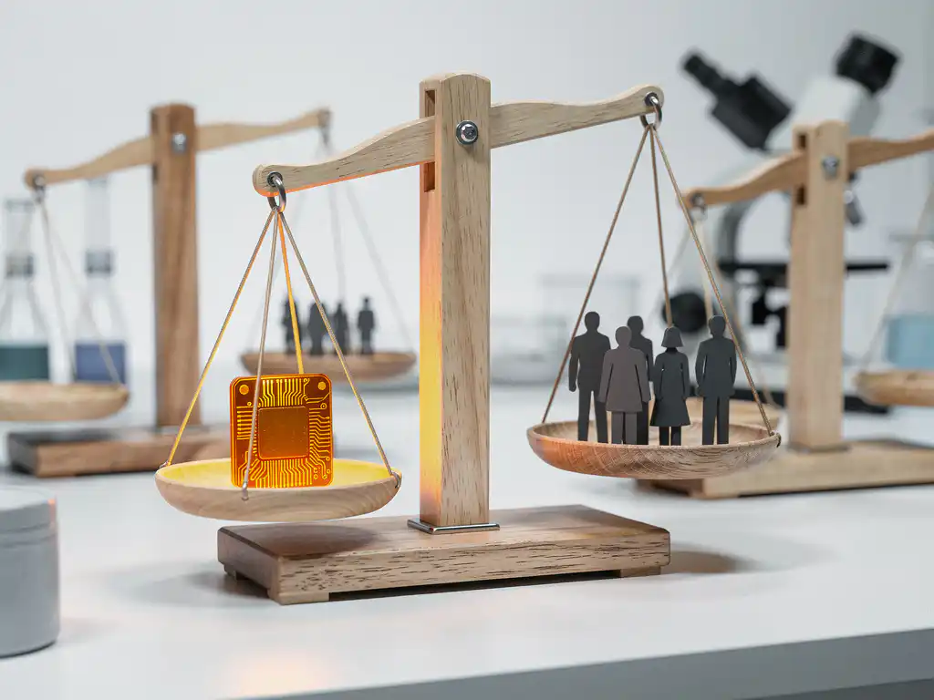 Houten balansweegschaal met gloeiende amber datachip tegenover menselijke silhouetfiguren, symbool voor AI-ethiek en menselijke waarden.