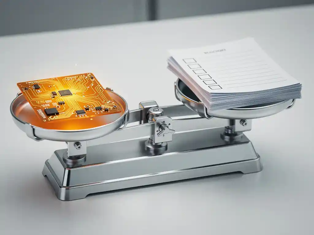 Mechanische balansweegschaal op modern bureau met gloeiend amber printplaat tegenover gestructureerde checklist, zachte studiobelichting.