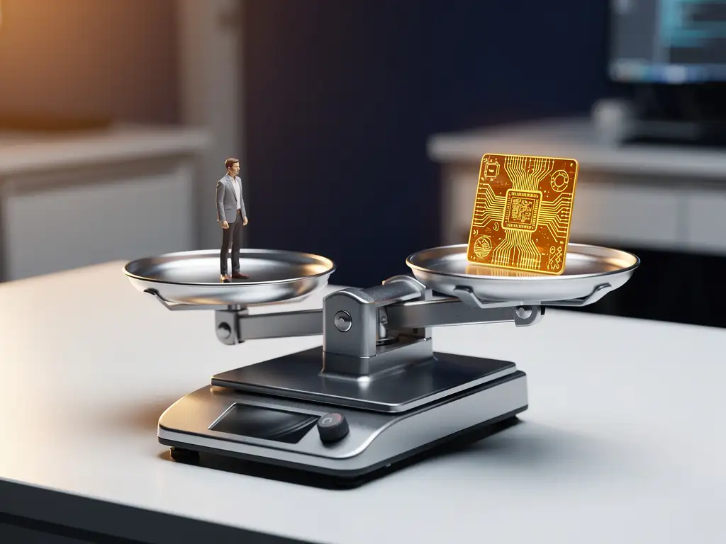 Precisiebalans op laboratoriumtafel met gloeiende datachip en menselijk figuurtje in onbalans, symbool voor ethische AI-afweging.