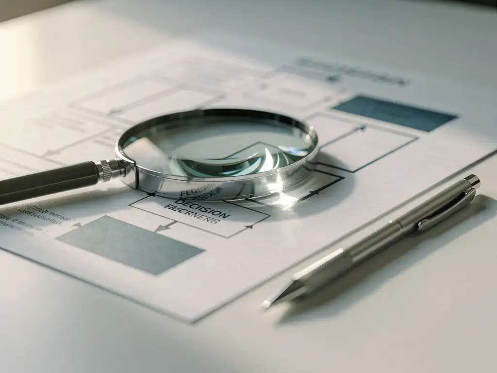 Vergrootglas op een gedrukt beslissingsstroomdiagram, met één vertakkend pad scherp uitgelicht, naast een mechanisch potlood op een wit bureau.