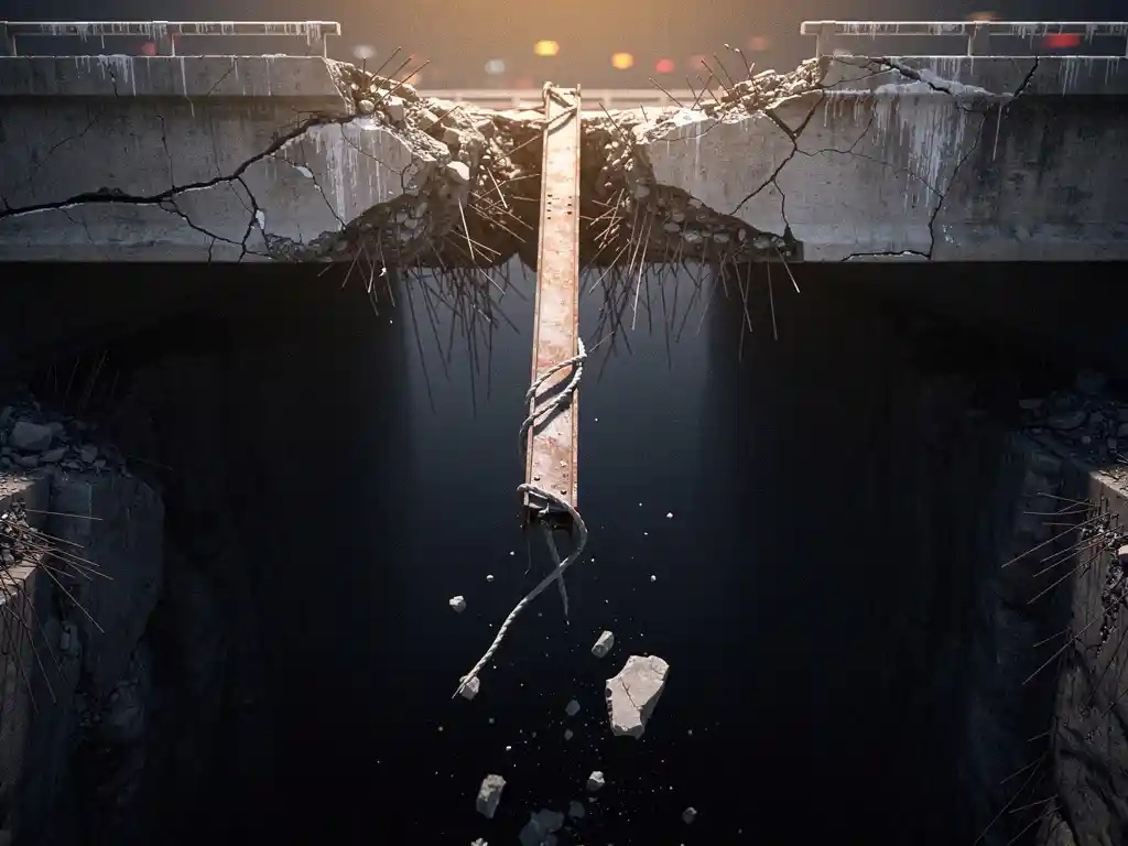 Instortende betonnen brug boven een donkere kloof, loshangende stalen balk en vallend puin, dramatisch ondaanzicht met amberkleurig licht.