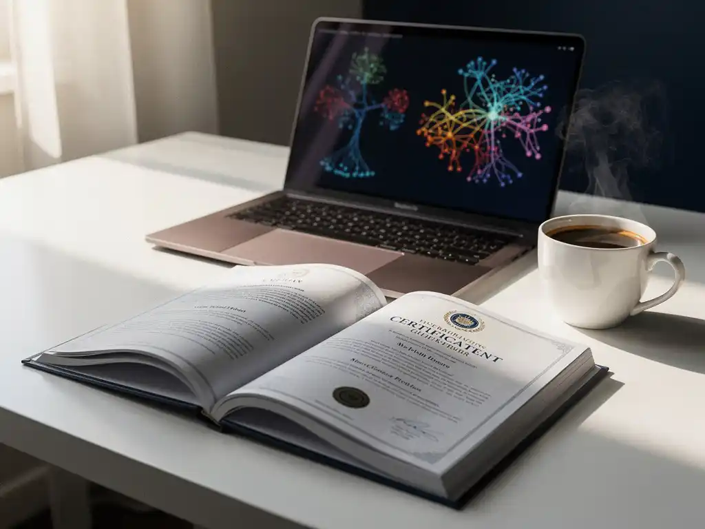 Open certificeringsbundel op bureau naast laptop met neurale netwerkvisualisatie en dampende koffie in zacht natuurlijk licht.