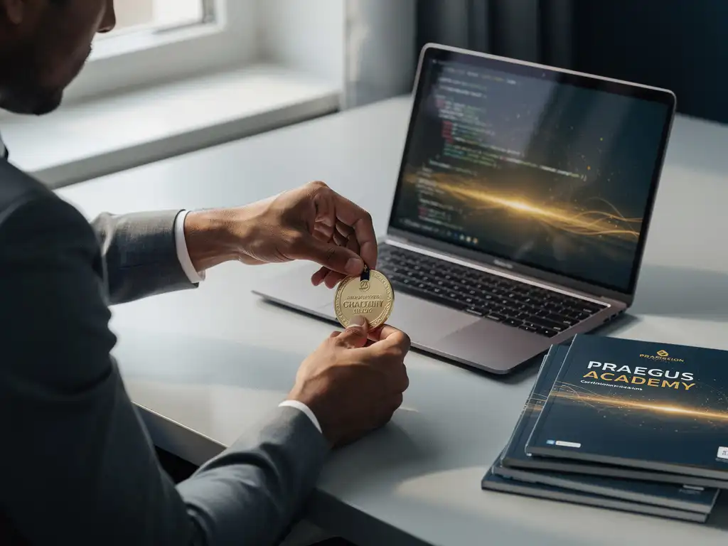 Professional die een gouden certificeringsmedaille op een bureau legt naast een laptop met code en een studieboek, warm goudlicht.