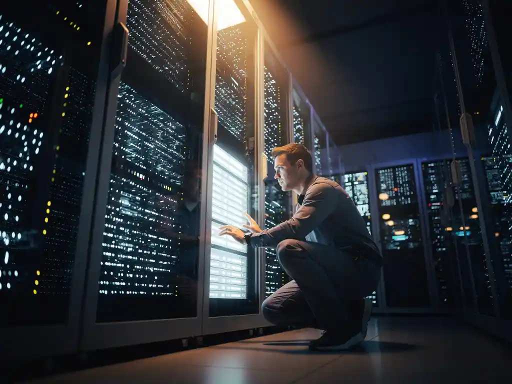 Engineer inspecteert verlicht serverpaneel in donker datacenter met rijen hardware en blauwe en oranje indicatorlichten.