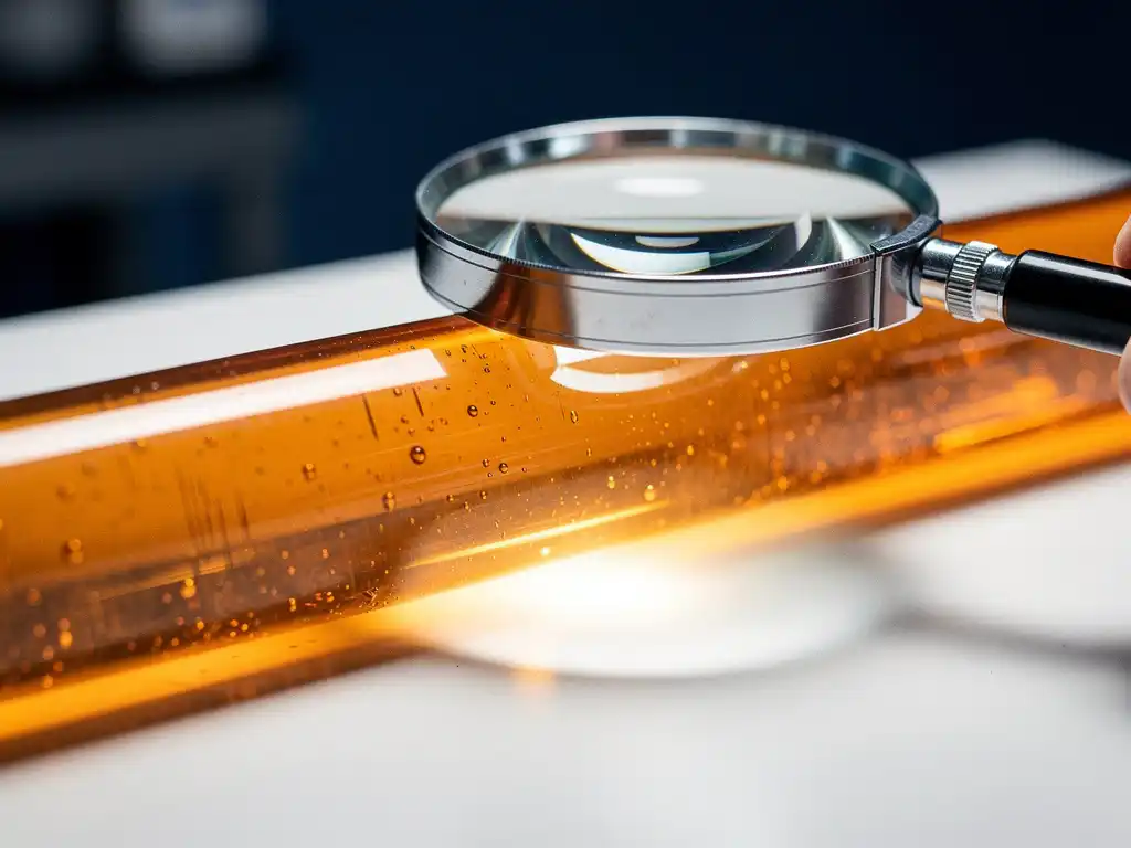 Vergrootglas van kwaliteitsinspecteur boven amber glazen datapijplijn met zichtbare luchtbellen op wit laboratoriumoppervlak.