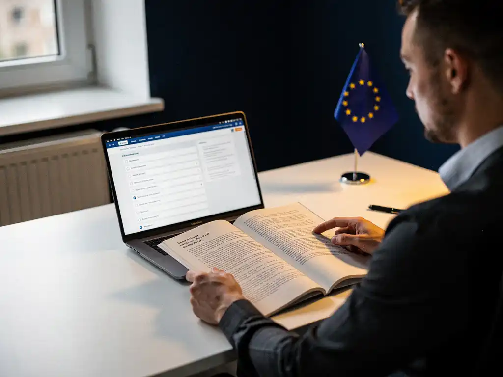 Software testingenieur bestudeert EU-regelgevingsdocument aan modern bureau met laptop met testchecklists, EU-vlag op achtergrond.