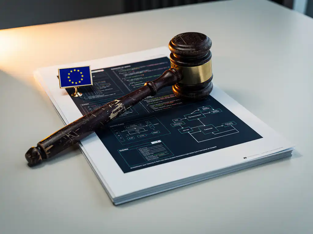 Houten hamer op stapel softwaretestdocumenten met EU-vlagspeld, op modern bureau in marine- en amberkleurige tinten.