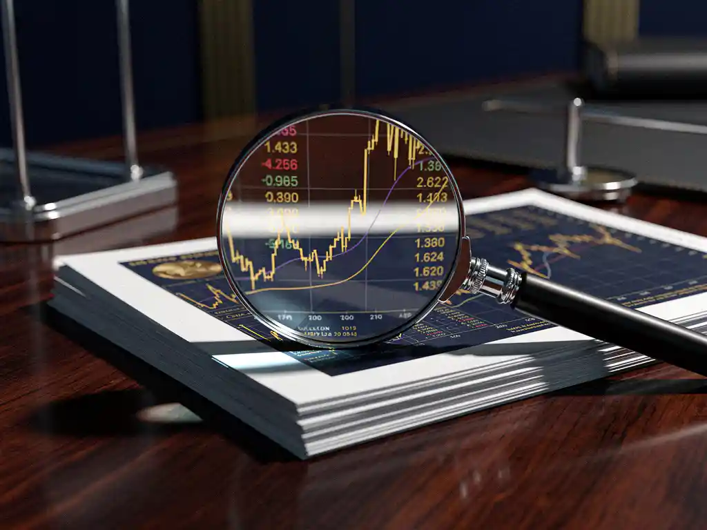 Vergrootglas op financiële documenten en handelsgrafieken op een mahonie bureau, met zichtbare data-anomalieën onder de lens.