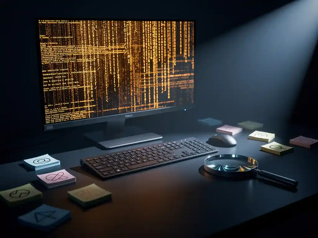 Computermonitor met foutlogs verlicht door dramatisch licht, vergrootglas en notities met bugmarkeringen op donker bureau.