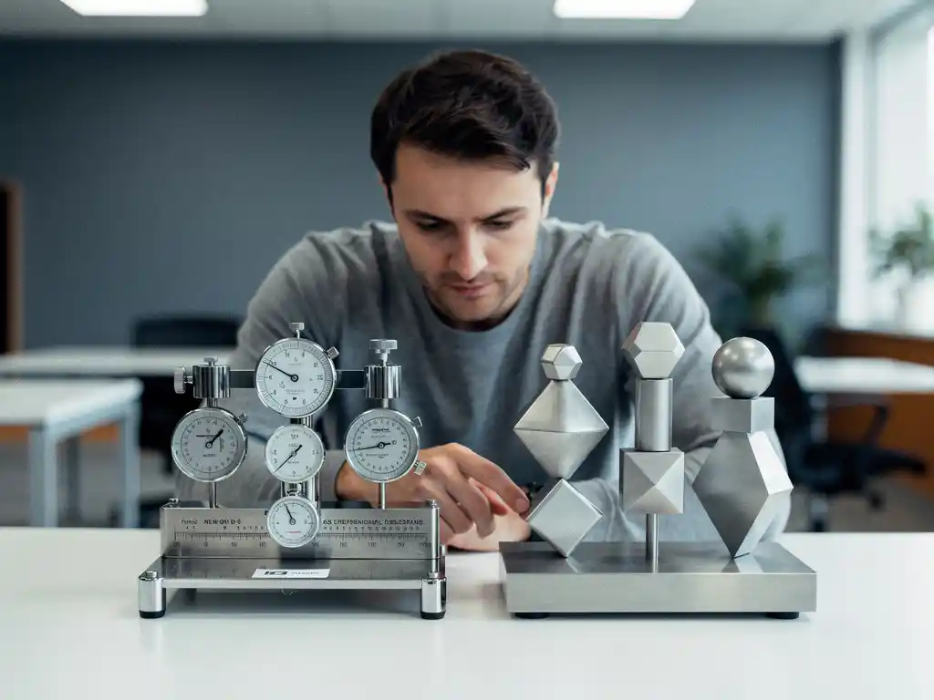Software testingenieur vergelijkt twee mechanische weegschalen met meetinstrumenten en gewichten voor functionele en performantietests.