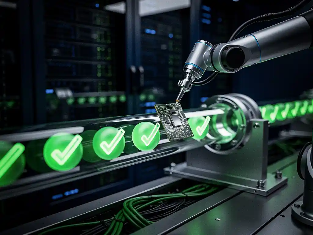 Geautomatiseerde assemblagelijn met gloeiende groene vinkjes in verlichte pijpbuizen, robotarm plaatst circuitcomponent in de stroom.