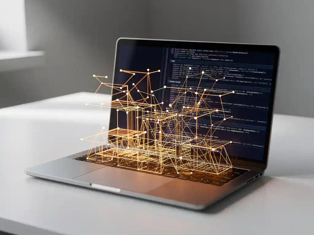 Laptop op wit bureau met gloeiende amber datastromen en circuitpatronen die geautomatiseerde testanalyse visualiseren.