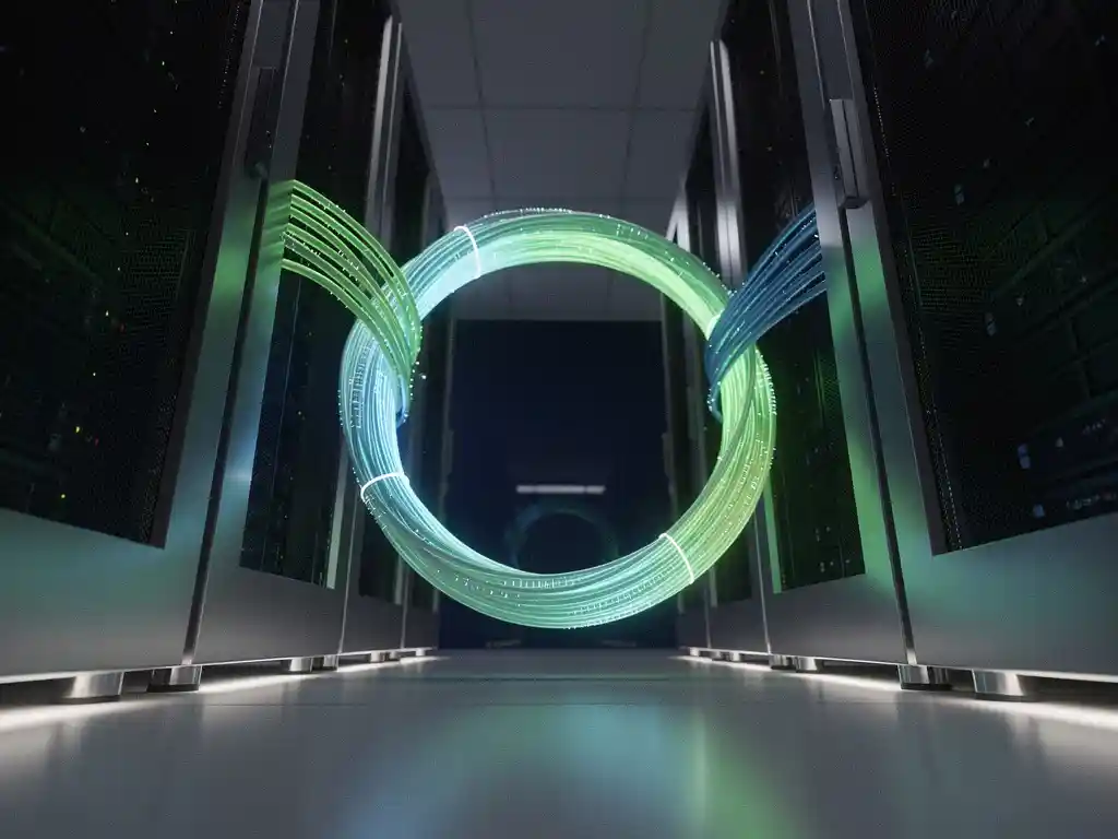 Geautomatiseerde testpipeline als gloeiende glasvezelkabels in groen en blauw door een moderne serverruimte.