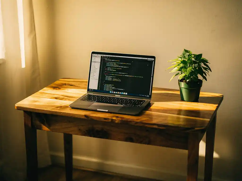 Klein houten bureau in thuiskantoor met open laptop waarop geautomatiseerde testscripts draaien, groen plantje ernaast, warm goudkleurig licht.