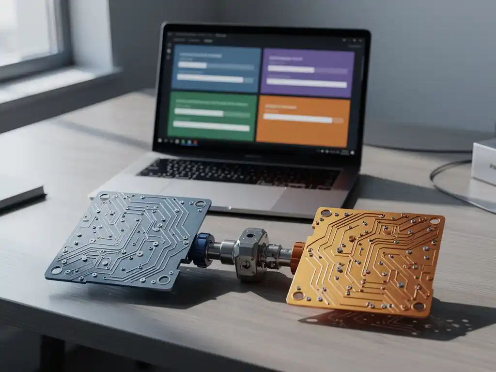 Laptop met geautomatiseerde testscripts op modern bureau, verbonden met modulaire frameworks via puzzelstuk connector, zacht natuurlijk licht.