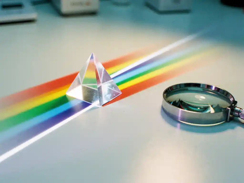 Glazen prisma op wit laboratoriumbureau breekt lichtstraal uiteen in kleurenspectrum, met vergrootglas ernaast.