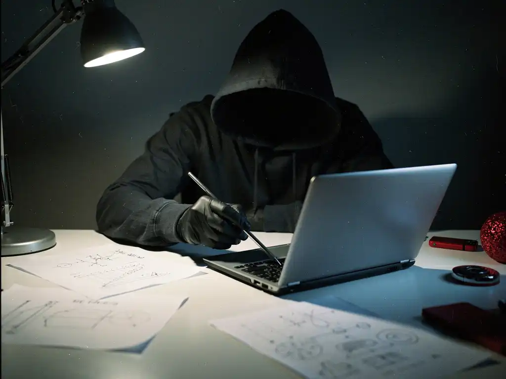Gehulde figuur in donkere kleding die een zilverkleurige laptop onderzoekt met metalen gereedschap, omringd door handgeschreven testnotities op wit bureau.