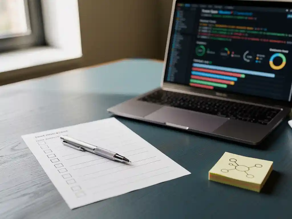 Ontwikkelaarsbureau met gedrukte testchecklist en potlood naast laptop met geautomatiseerde testresultaten, sticky note met neuraal netwerkdiagram.