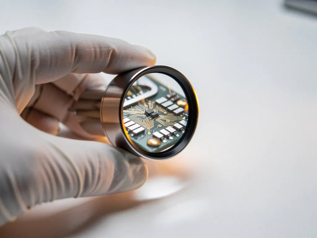 Gehandschoende hand houdt een loep boven een minuscuul printplaatje op wit laboratoriumoppervlak, warm amberkleurig licht op de lens.